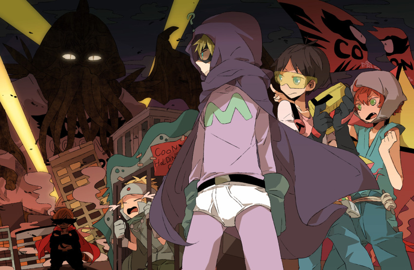 blonde_hair brown_hair butters_stotch cape crossed_arms cthulhu eric_cartman glasses gloves green_eyes grin highres hood kenny_mccormick kinari kyle_broflovski mask panties red_hair redhead smile south_park stan_marsh tears underwear