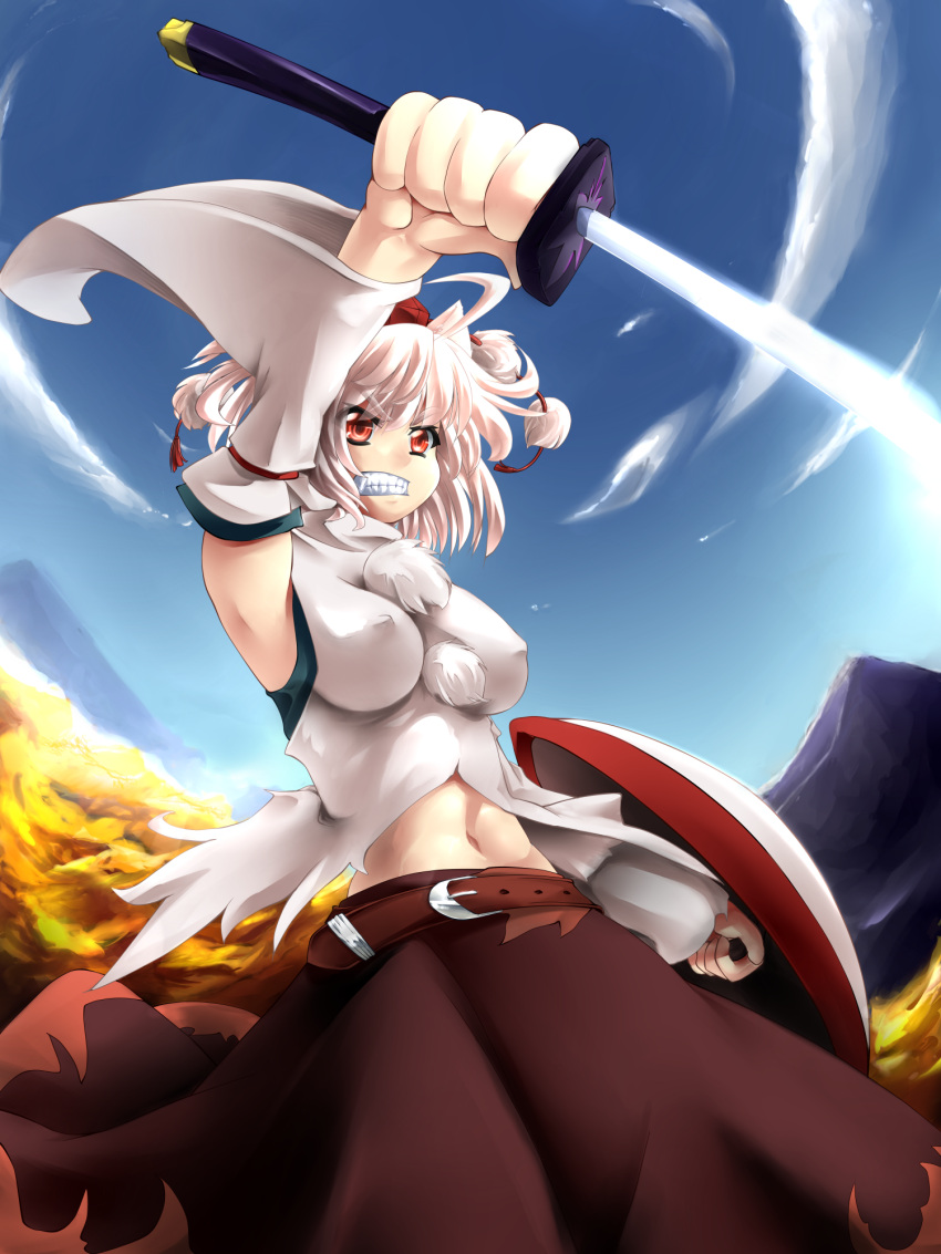 animal_ears bare_shoulders clenched_teeth cloud detached_sleeves gin_kagami hat highres impossible_clothes impossible_clothing impossible_shirt inubashiri_momiji navel red_eyes shield short_hair silver_hair skirt sky solo sword tokin_hat touhou weapon wolf_ears