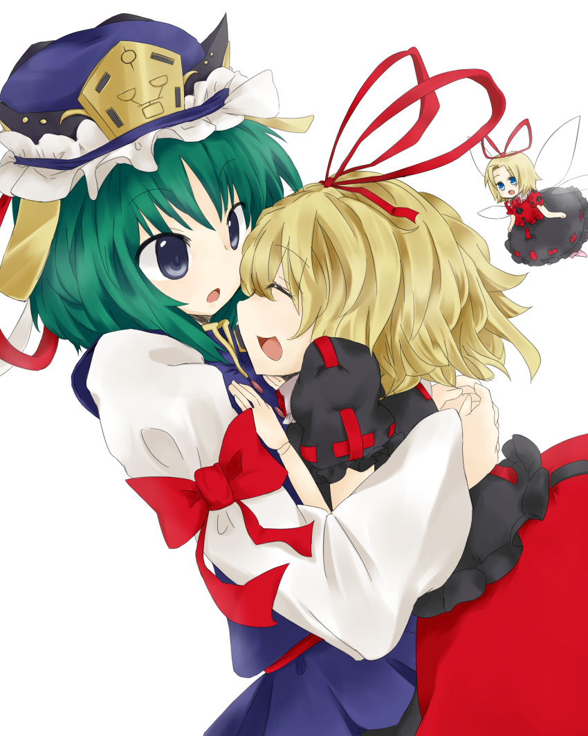 2girls absurdres blonde_hair blue_eyes closed_eyes doll doll_joints dqn_(dqnww) dress green_hair hair_ornament hair_ribbon hands_on_another's_chest hat highres hug medicine_melancholy multiple_girls open_mouth ribbon shikieiki_yamaxanadu short_hair smile su-san touhou wings