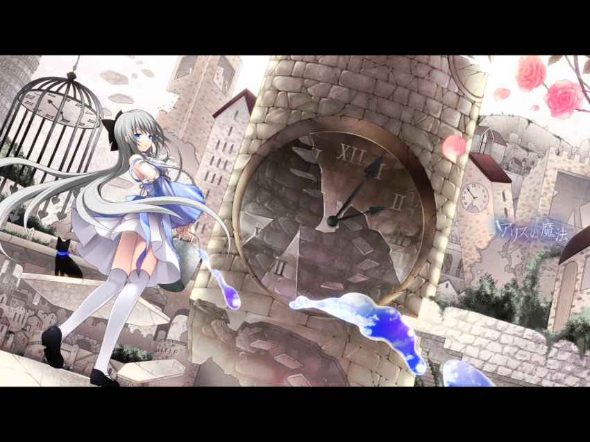 bad_id birdcage black_cat blue_eyes bucket building cage cat city clock detached_sleeves dutch_angle flower highres house letterboxed long_hair looking_at_viewer looking_back makita_makino original petals roman_numerals rose ruins solo structure thighhighs tower very_long_hair wall white_legwear