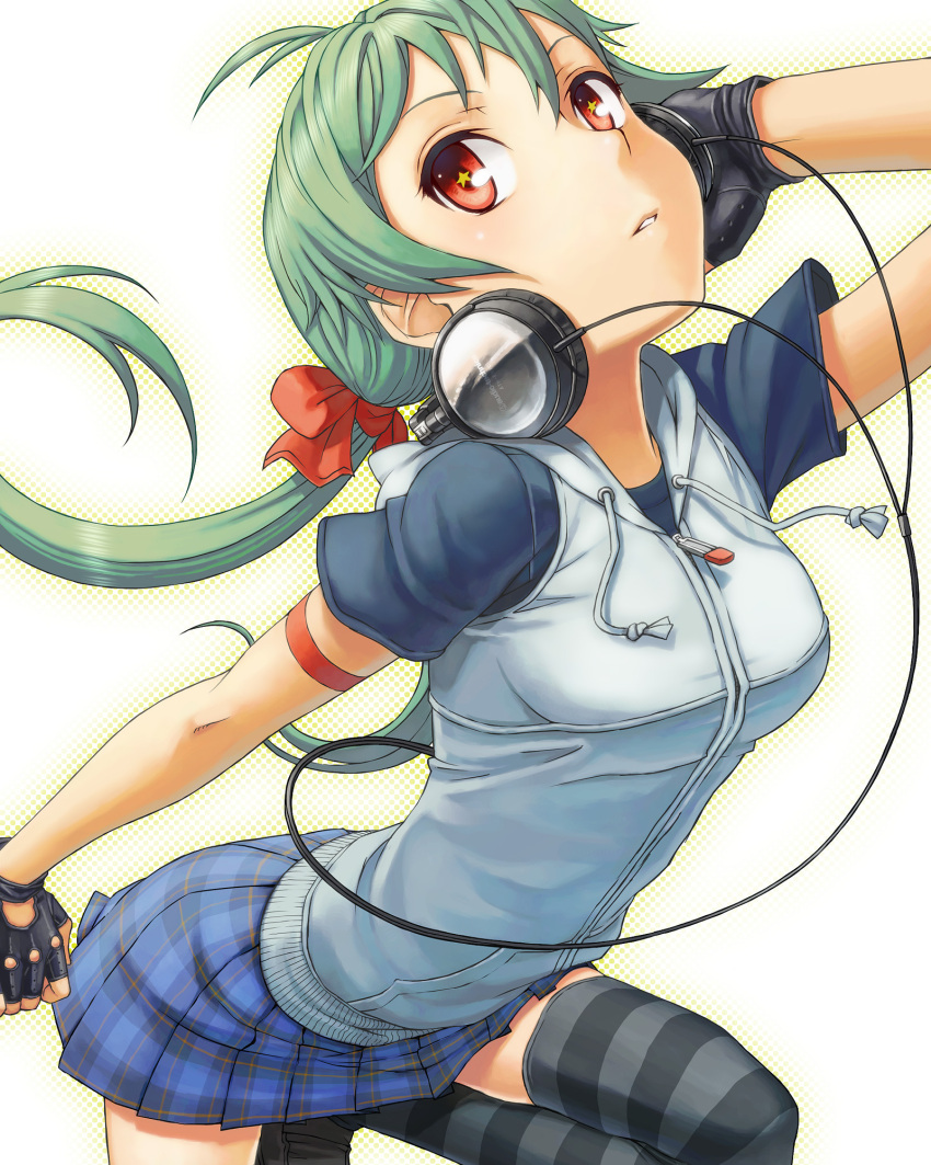 arm_strap arm_up audio-technica black_gloves breasts cable face fingerless_gloves gloves green_hair hair_ribbon hand_on_headphones headphones highres hoodie itou_(onsoku_tassha) legs_folded original parted_lips plaid plaid_skirt ponytail raglan_sleeves red_eyes red_ribbon ribbon shoes simple_background skirt solo star star-shaped_pupils striped striped_legwear symbol-shaped_pupils thigh-highs thighhighs wire zipper