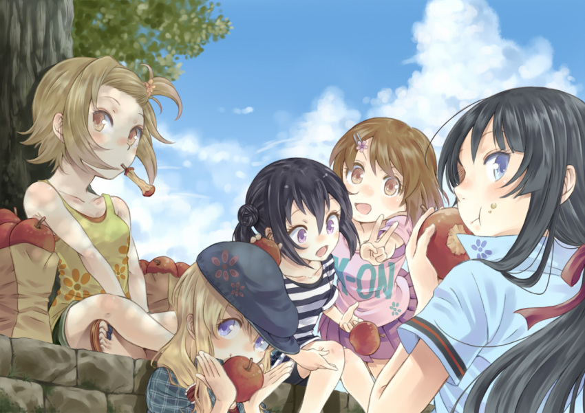 :t akiyama_mio apple apple_core black_hair blonde_hair blue_eyes brown_eyes brown_hair casual eating food fruit hirasawa_yui k-on! kotobuki_tsumugi long_hair looking_at_viewer mouth_hold multiple_girls nakano_azusa purple_eyes sandals short_hair t-okada tainaka_ritsu topknot twintails v violet_eyes