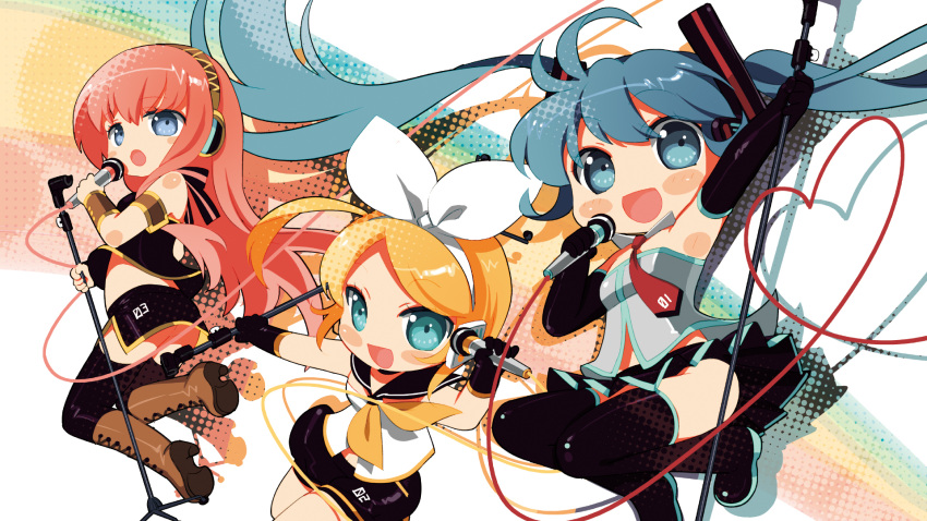 1920x1080 aqua_eyes aqua_hair armband blonde_hair blue_eyes blue_hair boots bow chibi elbow_gloves gloves hair_bow hair_ribbon hatsune_miku headphones highres jumping kagamine_rin long_hair looking_at_viewer megurine_luka microphone microphone_stand miniskirt multiple_girls neckerchief necktie neko_sakana open_mouth pink_hair ribbon short_hair shorts skirt smile strapless thigh_highs thighhighs twintails vocaloid wallpaper zettai_ryouiki