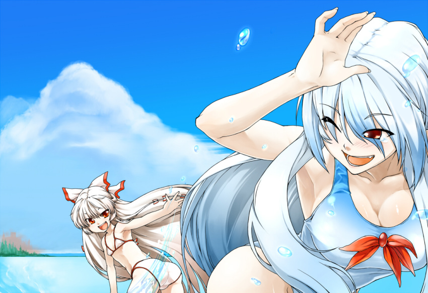 &gt;:) &gt;:d :d ;d adapted_costume arm_up armpits ass beach bent_over bikini blue_hair blush body_blush bow breasts casual_one-piece_swimsuit cleavage cloud curvy fang fingernails fujiwara_no_mokou gradient_hair hair_bow hands happy hips kamishirasawa_keine long_hair looking_back multicolored_hair multiple_girls no_hat no_headwear ocean one-piece_swimsuit open_mouth phenne red_eyes shiny shiny_skin sky smile splash splashing swimsuit thighs touhou very_long_hair water white_hair wink