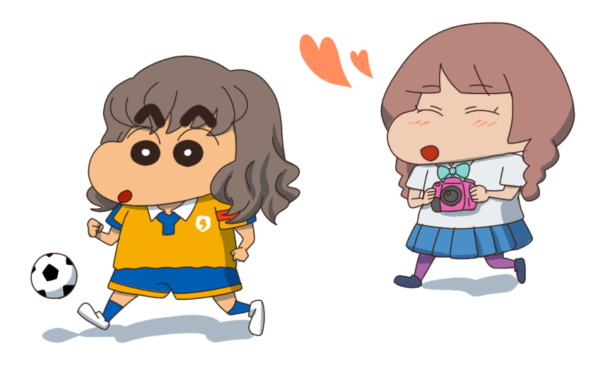 1girl ball braid brown_eyes brown_hair camera chibi crayon_shin-chan inazuma_eleven inazuma_eleven_(series) inazuma_eleven_go kyanoko long_hair open_mouth parody purple_legwear shindou_takuto short_hair soccer_ball soccer_uniform style_parody twin_braids yamana_akane