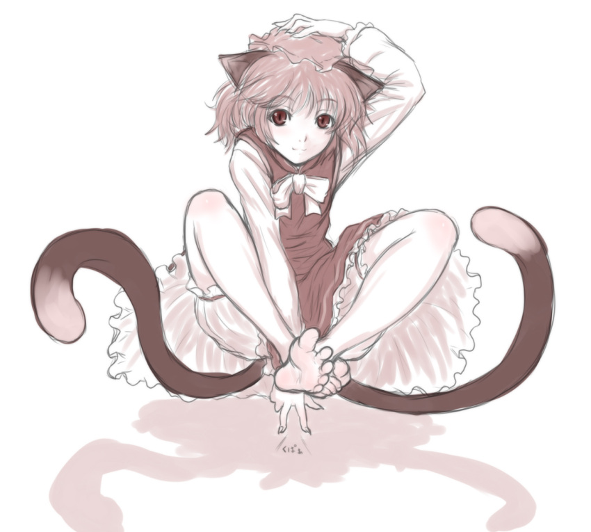 animal_ears balancing bare_legs barefoot bloomers cat_ears cat_tail chen feet hat kuro_suto_sukii monochrome multiple_tails pink red_eyes short_hair sketch smile soles solo spread_toes tail toes touhou