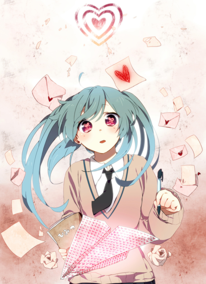 aqua_hair blush envelope hatsune_miku heart heart-shaped_pupils highres kokoa_(ikaretemasugananika) long_hair necktie paper paper_airplane pen red_eyes solo sweater symbol-shaped_pupils twintails vocaloid