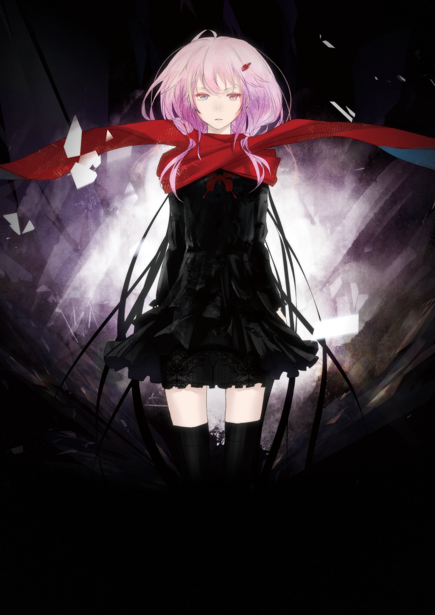 bad_id blue_eyes dress guilty_crown hair_ornament hairclip heterochromia highres nongtles pink_eyes pink_hair redjuice scarf solo thigh-highs thighhighs twintails yuzuriha_inori