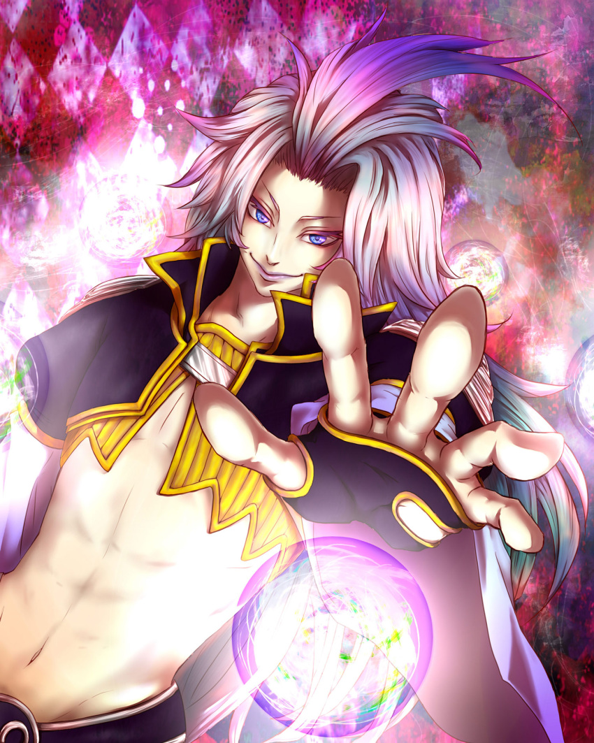 1boy final_fantasy final_fantasy_ix foreshortening hands highres kuja lipstick long_hair male navel nimoji_(taro3p) outstretched_hand revision smile solo