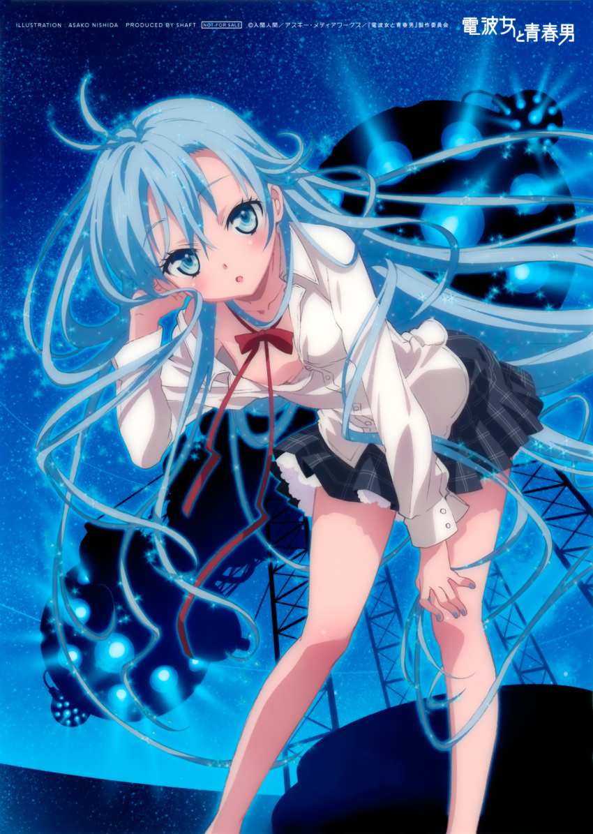 absurdres ahoge antenna_hair asako_nishida bare_legs bare_shoulders bent_over blue_eyes blue_hair bow breasts denpa_onna_to_seishun_otoko hand_in_hair highres long_hair nail_polish nishida_asako no_bra off_shoulder official_art open_clothes open_mouth ribbon school_uniform skirt solo touwa_erio very_long_hair