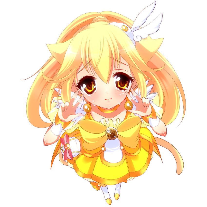 animal_ears bad_id blonde_hair boots bow choker cure_peace double_v dress hair_ornament hairpin highres kemonomimi_mode kise_yayoi long_hair magical_girl nono_(noxno) precure ribbon skirt smile_precure! solo tears transparent_background v white_background yellow yellow_dress yellow_eyes
