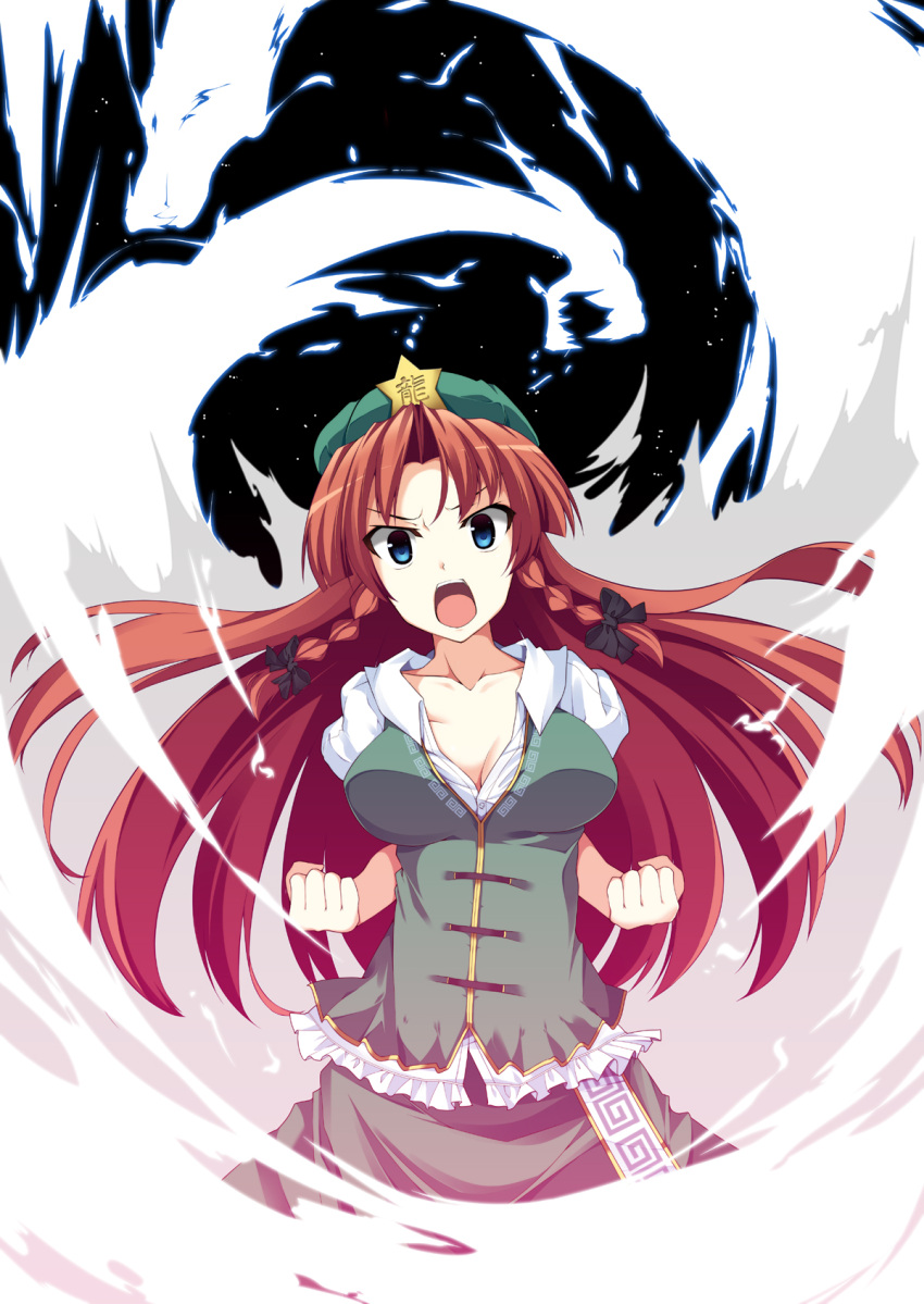 blue_eyes bow braid breasts cleavage clenched_fist clenched_hands ex-meiling fujy hat highres hong_meiling long_hair open_mouth powering_up red_hair redhead solo star touhou twin_braids