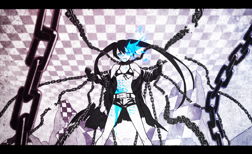 bikini_top black_hair black_rock_shooter black_rock_shooter_(character) blood blue_eyes blue_fire chain chains checkered fire gloves highres jacket letterboxed midriff navel scar short_shorts shorts solo torn_clothes twintails urue