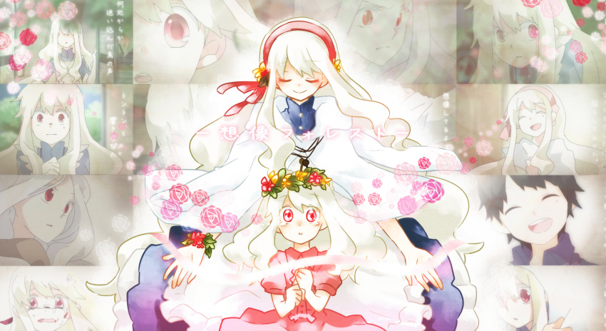 age_difference blonde_hair dress flower hair_flower hair_ornament hair_ribbon hairband head_wreath highres ia_(vocaloid) jewelry key long_hair mary_(kagerou_project) mother_and_daughter multiple_girls necklace red_eyes ribbon shion_(kagerou_project) smile souzou_forest_(vocaloid) tears very_long_hair vocaloid wannyanpu