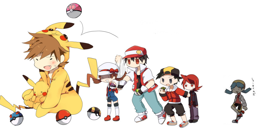 2girls 4boys alternate_costume ball_request baseball_cap black_eyes black_hair blue_hair brown_hair cosplay crystal_(pokemon) gold_(pokemon) gold_(pokemon)_(remake) great_ball hat henachoko highres holding holding_poke_ball kotone_(pokemon) love_ball master_ball multiple_boys multiple_girls nest_ball ookido_green pikachu poke_ball pokemon pokemon_(creature) pokemon_(game) pokemon_gsc pokemon_hgss pokemon_rgby red_(pokemon) red_(pokemon)_(classic) red_eyes red_hair safari_ball silver_(pokemon) silver_(pokemon)_(remake) simple_background translated twintails ultra_ball white_background