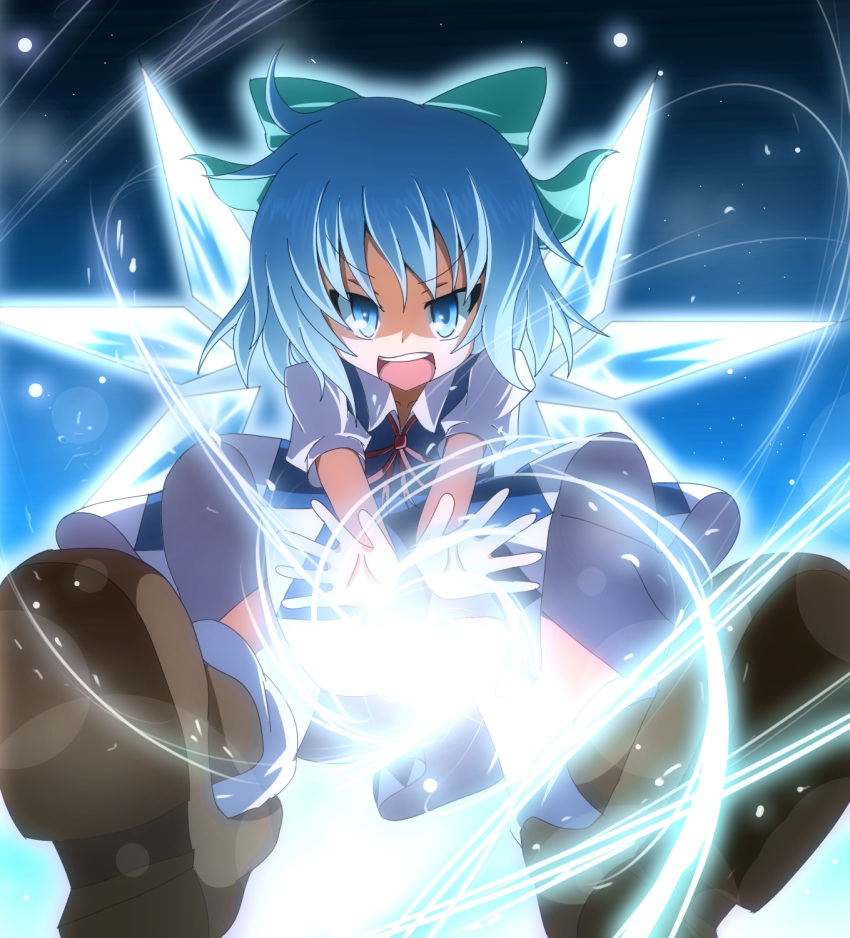aiming_at_viewer ankle_socks blue_eyes blue_hair bobby_socks bow cirno do_(4-rt) dress hair_bow highres ice ice_wings light_particles looking_at_viewer magic open_hand open_mouth outstretched_arms perspective pov_aiming ribbon shoes short_sleeves sky socks solo star_(sky) starry_sky teeth touhou wings