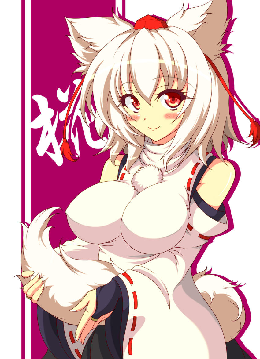 animal_ears bare_shoulders between_legs blush breasts bridal_gauntlets detached_sleeves hat highres impossible_clothes impossible_clothing impossible_shirt inubashiri_momiji large_breasts looking_at_viewer red_eyes sayossa_(pak-front) short_hair silver_hair simple_background smile solo tail tail_between_legs tail_fondling tokin_hat touhou wide_sleeves wolf_ears wolf_tail
