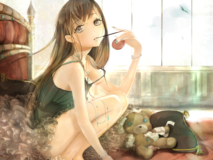 bare_legs bed bracelet brown_eyes brown_hair dress jewelry legs long_hair mouth_hold nail_polish necklace on_bed original pillow pocky sky solo soramu squatting stuffed_animal stuffed_toy teddy_bear