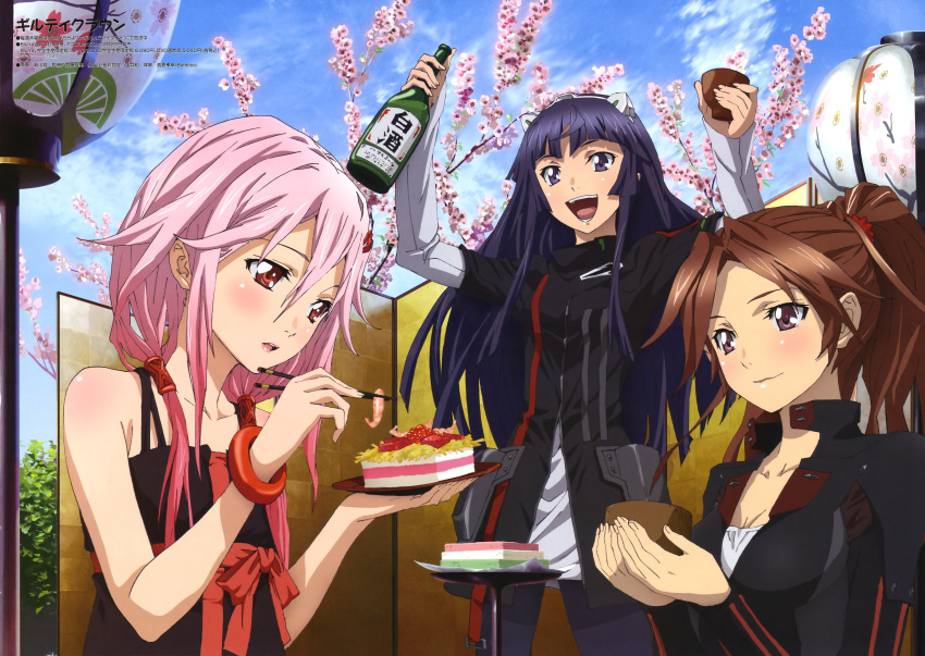 absurdres blush brown_hair cherry_blossoms chopsticks cloud drink food guilty_crown highres long_hair multiple_girls open_mouth pink_hair ponytail purple_eyes purple_hair red_eyes shinkawa_ryu shinkawa_ryuu shinomiya_ayase short_hair sky smile tsugumi_(guilty_crown) twintails very_long_hair violet_eyes yuzuriha_inori