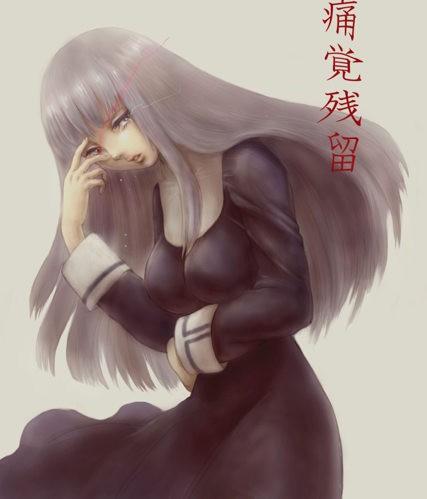 asagami_fujino bangs blunt_bangs breasts glowing glowing_eyes green_eyes hand_on_own_face highres imbos impossible_clothes impossible_shirt kara_no_kyoukai large_breasts lips long_hair multicolored_eyes purple_hair red_eyes school_uniform solo tears