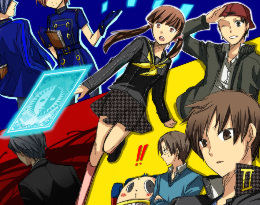 adult arisato_minato baseball_cap blue_hair brown_hair card character_request doujima_nanako female_protagonist_(persona_3) glasses hat kuma_(persona_4) minami_yuuta nakajima_shu persona persona_3 persona_3_portable persona_4 school_uniform skirt takayan teenage twintails