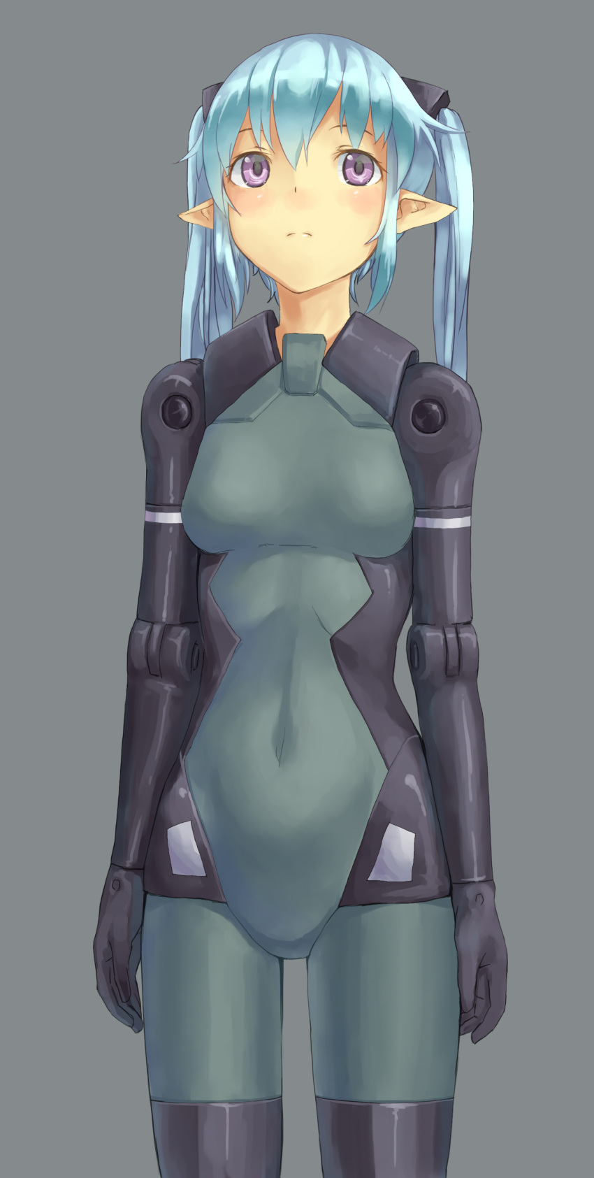 absurdres blue_hair bodysuit busou_shinki character_request doll_joints eichisu face highres long_hair pointy_ears purple_eyes robot_joints simple_background solo strarf twintails violet_eyes