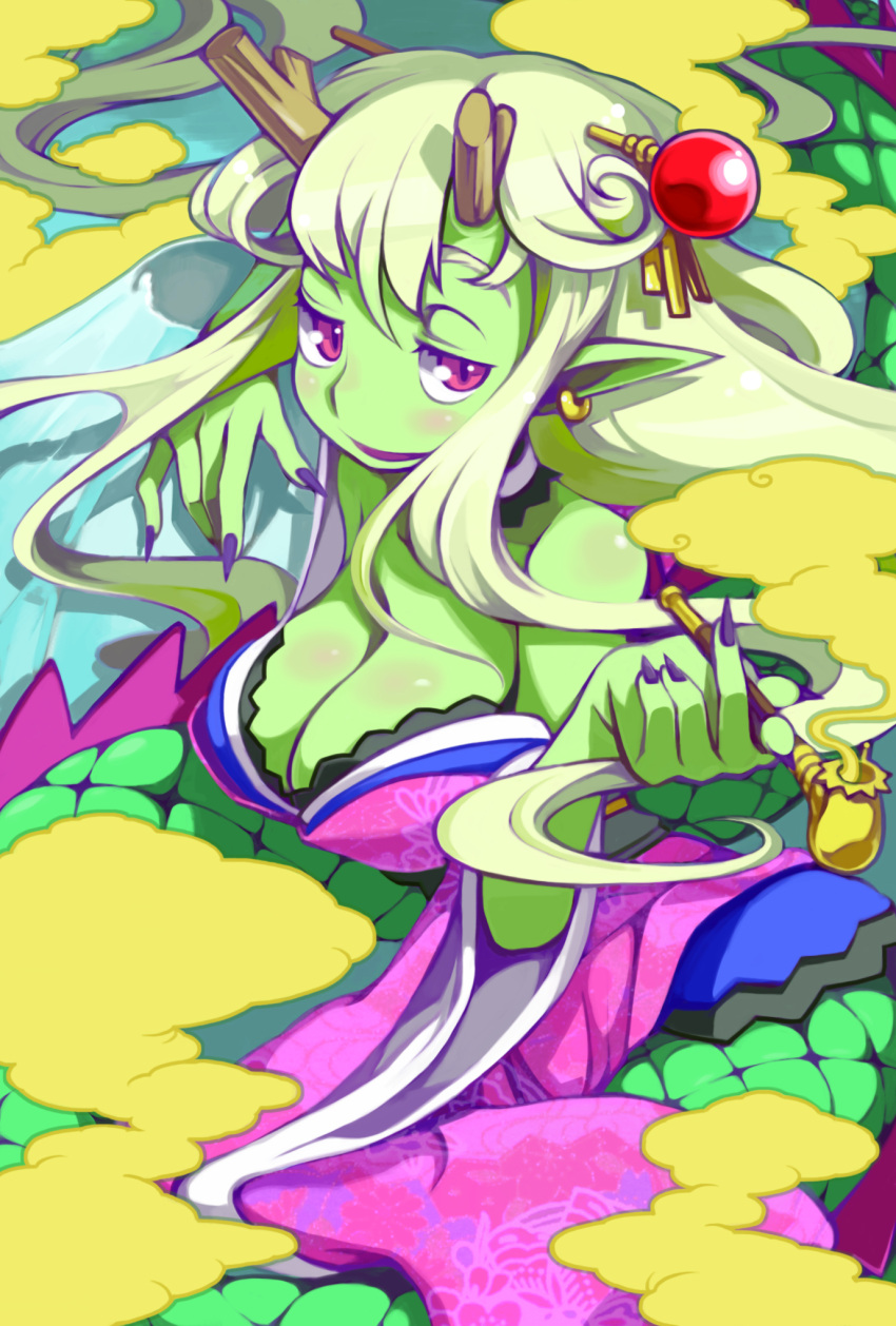 breasts cleavage dragon dragon_girl dragon_horns dragon_tail earrings green_hair green_skin hair_ornament highres horns japanese_clothes jewelry kimono kiseru large_breasts long_hair monster_girl nonco original pipe pointy_ears purple_eyes red_eyes smile smoke tail violet_eyes