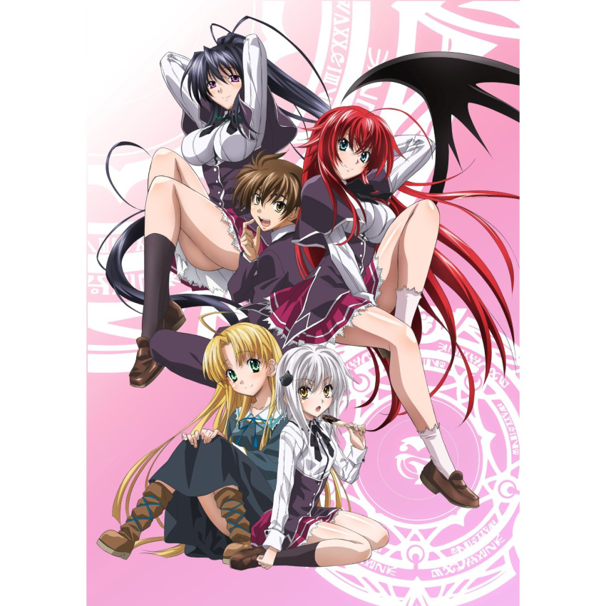 4girls ahoge asia_argento bat_wings blonde_hair blue_eyes blush footwear green_eyes hair_ornament hairclip high_school_dxd highres himejima_akeno hyoudou_issei long_hair multiple_girls official_art red_hair redhead rias_gremory school_uniform short_hair socks toujou_koneko wings yellow_eyes