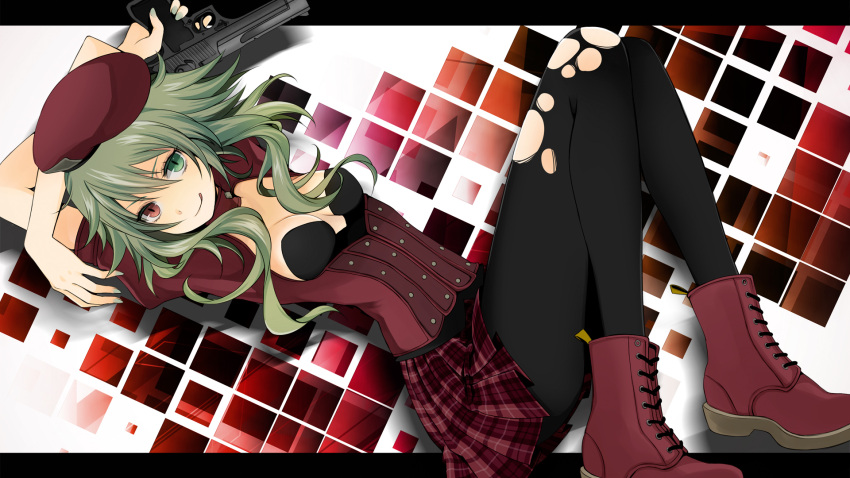 :q arms_up beret black_legwear breasts cleavage desert_eagle green_eyes green_hair gumi gun handgun hat heterochromia highres letterboxed looking_at_viewer nail_polish pantyhose plaid pleated_skirt red_eyes short_hair skirt smile solo tongue torn_clothes vocaloid wallpaper weapon wogura