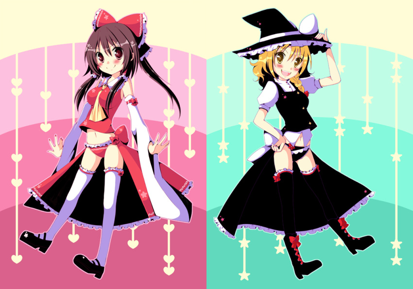 ascot blonde_hair blush bow braid breasts brown_hair hair_bow hakurei_reimu hat kirisame_marisa looking_at_viewer meiya_neon midriff multiple_girls navel showgirl_skirt smile thigh-highs thighhighs touhou witch witch_hat yellow_eyes