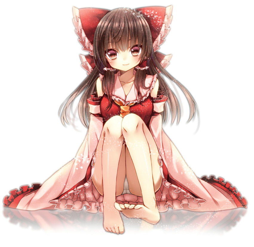 ascot bare_shoulders barefoot bow brown_eyes brown_hair collarbone detached_sleeves feet frilled_skirt frilled_sleeves frills gradient_eyes hair_bow hair_tubes hakurei_reimu highres kanzaki_maguro knees_together_feet_apart light_smile long_hair long_sleeves looking_at_viewer multicolored_eyes panties pantyshot pantyshot_(sitting) pantyshot_sitting reflective_floor simple_background sitting skirt sleeveless sleeveless_shirt sleeves_past_wrists smile solo toenails toes touhou underwear white_panties wide_sleeves