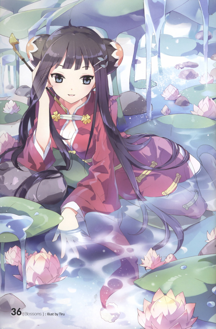 black_hair blue_eyes breasts bun_cover chinese_clothes cleavage double_bun hair_ornament hairclip highres kiseru leaf lily_pad long_hair lying on_side original partially_submerged payot pipe plant side_slit smile solo tiru water