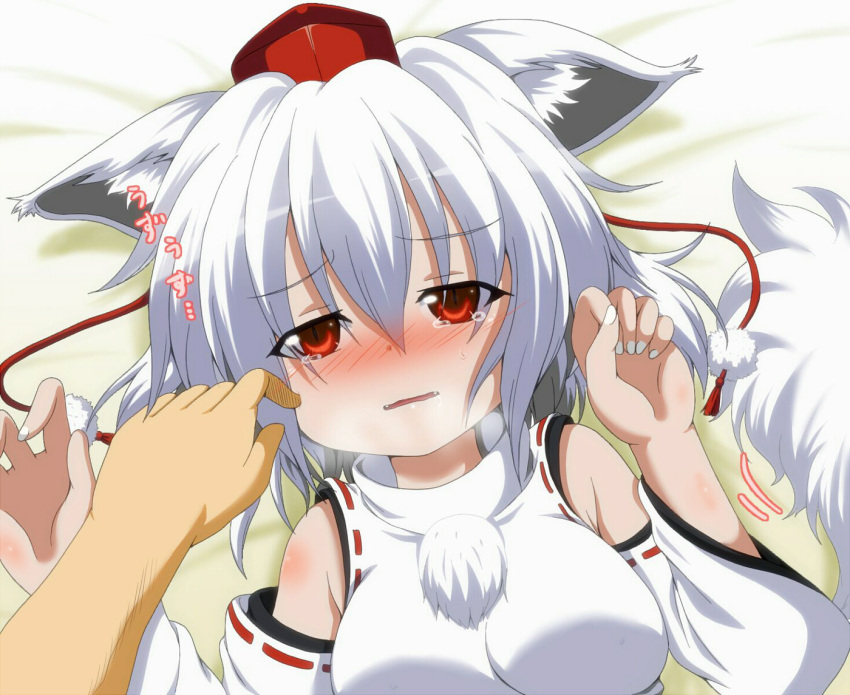 animal_ears bare_shoulders blush breasts breath bust detached_sleeves dr._cryptoso hat inubashiri_momiji large_breasts looking_at_viewer lying nail_polish on_back poking red_eyes short_hair silver_hair solo tail tokin_hat touhou wolf_ears wolf_tail