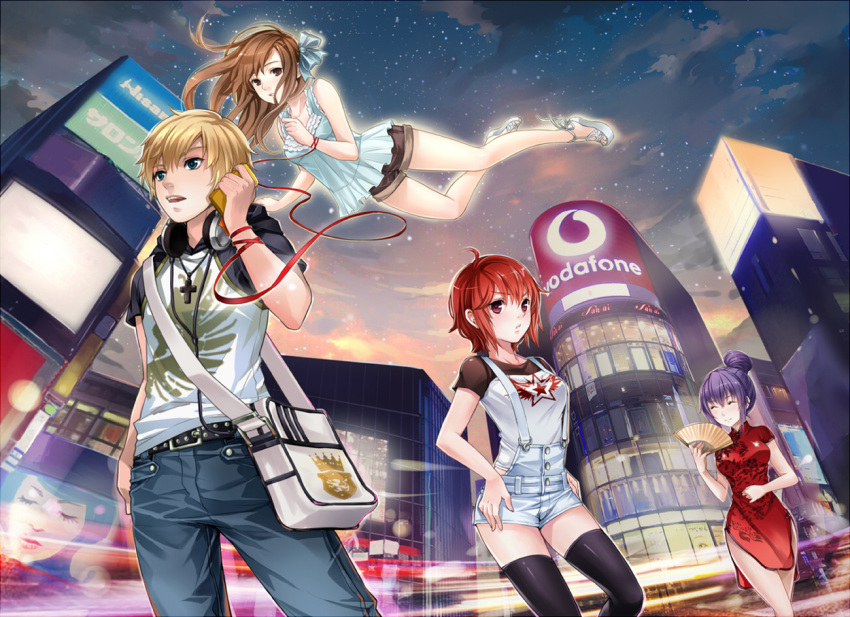 3girls 4girls ad bag belt black_thighhighs blonde_hair blue_eyes brown_eyes brown_hair brown_hair. casual cell_phone cellphone china_dress chinese_clothes chinese_dress cityscape closed_eyes cross eyes_closed fan floating hair_bow hair_bun headphones j.lili long_hair multiple_girls necklace night nightscape open_mouth original overalls phone purple_hair red_eyes red_hair red_string short_hair shorts smile string thighhighs