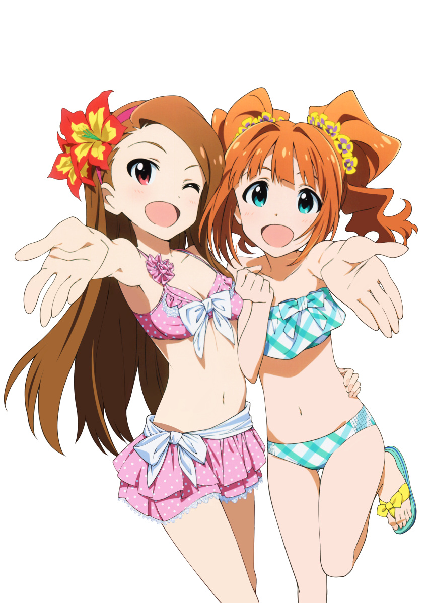 ;d absurdres artist_request bikini blonde_hair blue_eyes breasts brown_hair cleavage flower front-tie_top green_bikini hair_flower hair_intakes hair_ornament hairband happy highres idolmaster long_hair minase_iori multiple_girls navel open_mouth orange_hair outstretched_hand photoshop pink_bikini range_hair red_eyes sandals smile swimsuit takatsuki_yayoi thigh_gap transparent_background twintails wink