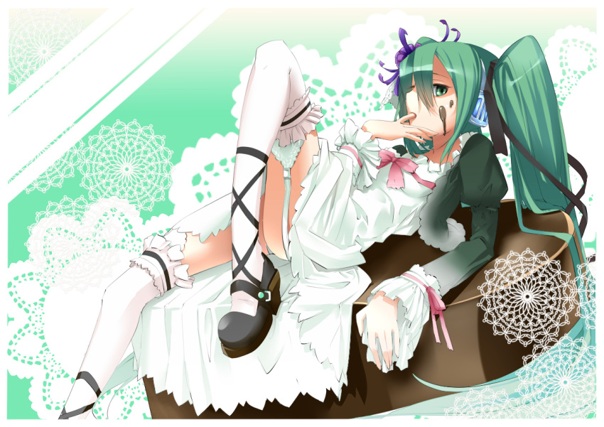 ankle_lace-up chocolate cross-laced_footwear doily dress finger_licking food food_on_face garter garter_straps garters green_eyes green_hair hair_ribbon hatsune_miku headphones kyougoku_touya licking long_hair maid panties reclining ribbon solo thighhighs twin_tails twintails underwear valentine vocaloid