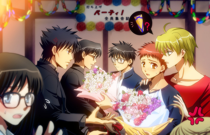 5boys age_difference ahoge anger_vein avalon_(fate/stay_night) black_eyes black_hair blonde_hair blue_eyes blurry bouquet carnival_phantasm depth_of_field emiya_kiritsugu emiya_shirou fate/prototype fate/stay_night fate/zero fate_(series) father_and_son flower glasses green_eyes kara_no_kyoukai kokutou_mikiya long_hair multiple_boys multiple_girls raglan_sleeves red_hair redhead saber saber_(fate/prototype) sajou_ayaka sajyou_ayaka setta_(tokinon) short_hair sweat toono_shiki tsukihime type-moon yellow_eyes