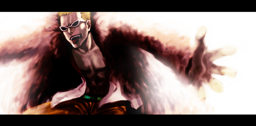 bad_id belt blonde_hair donquixote_doflamingo feather_boa iduhara letterboxed male muscle one_piece outstretched_arms pink shichibukai short_hair shorts smile solo spread_arms sunglasses tongue tongue_out