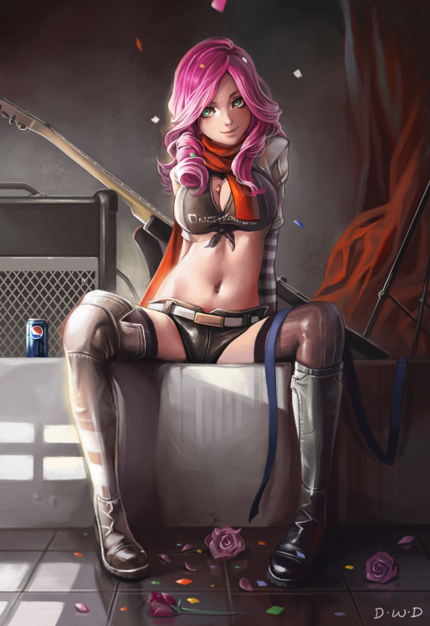 artist_name belt between_breasts boots breasts cleavage confetti dantewontdie flower green_eyes guitar highres instrument large_breasts long_hair mismatched_legwear mismatched_sleeves navel original pepsi pink_hair ringlets rose scarf signature sitting smile soda_can solo speaker stage striped thigh-highs thighhighs tied_shirt tile_floor tiles