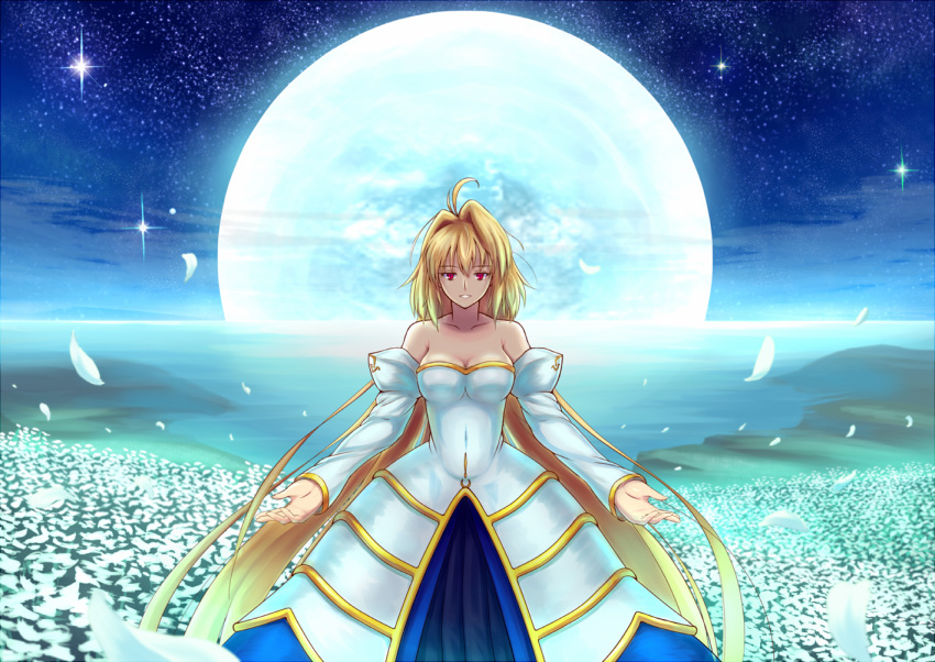 archetype_earth arcueid_brunestud bare_shoulders bible_(pixiv) blonde_hair breasts cleavage detached_sleeves dress flower_field full_moon long_hair melty_blood moon parted_lips red_eyes solo strapless_dress tsukihime type-moon very_long_hair