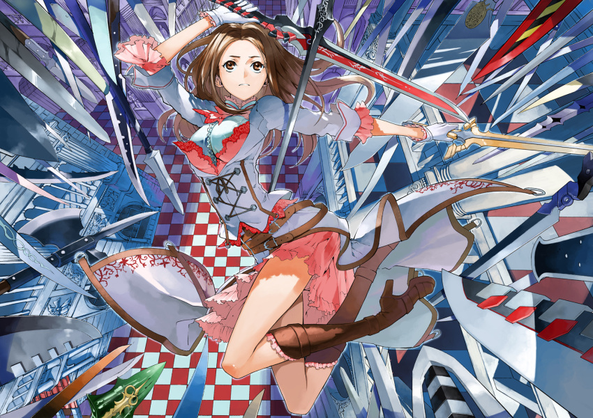 architecture belt boots brown_eyes brown_hair chaos_rings checkered checkered_floor dual_wielding frills gloves high_heels justminor knee_boots legs_up midou_yui perspective shoes skirt solo square_enix sword too_many_weapons weapon white_gloves