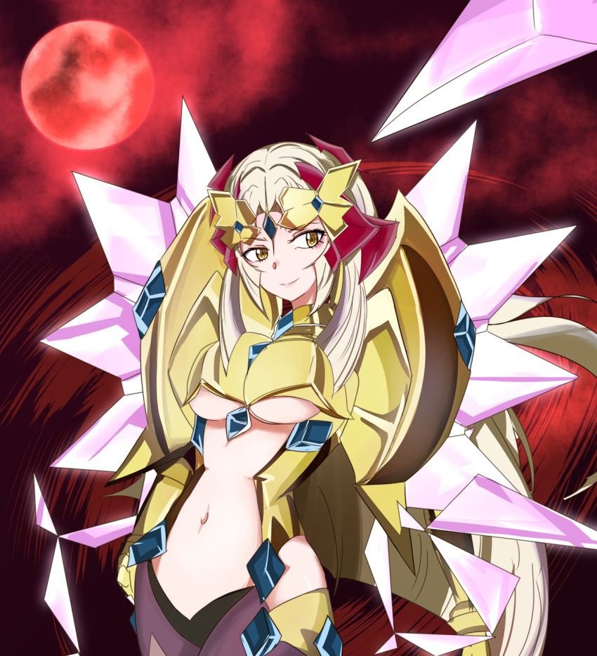 1girl armor bangs blonde_hair breastplate breasts fine_(symphogear) forehead_jewel headgear highres hime_cut long_hair moon navel pantyhose parted_bangs pauldrons red_background red_moon senki_zesshou_symphogear shoulder_spikes sidelocks solo spikes tagme under_boob vambraces very_long_hair whip yellow_eyes