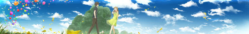 1girl absurdres arm_behind_back balloon brown_eyes brown_hair cloud copyright_request dress dualscreen grass hair_ornament hairclip hand_in_hair hand_in_pocket highres jewelry long_hair moka._tapioka nature necklace open_mouth petals scenic short_hair sky summer_dress sundress wind