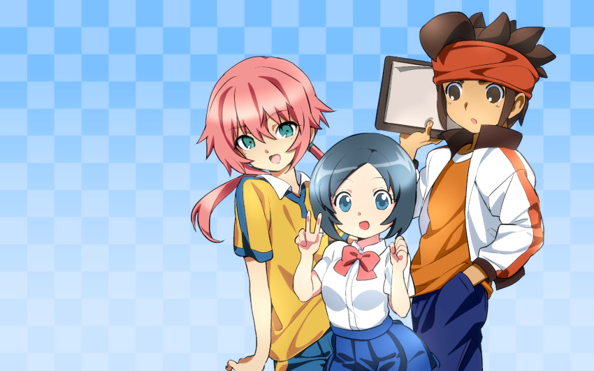 1girl 2boys blue_eyes blue_hair brown_eyes brown_hair endou_mamoru green_eyes highres inazuma_eleven_go kirino_ranmaru maetaku multiple_boys open_mouth pink_hair short_hair sorano_aoi trap