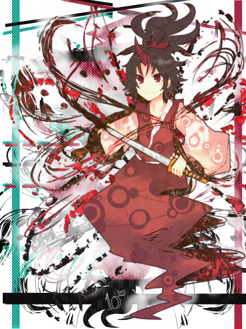 bad_id black_hair ghost ghost_tail hair_ornament highres horn japanese_clothes katana konngara long_hair ponytail red_eyes ringetsumon solo sword touhou touhou_(pc-98) weapon