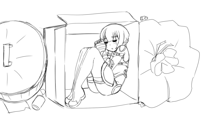 assassin_of_black bandage bandages boots box cardboard_box closed_eyes eyes_closed fate/apocrypha fate_(series) garbage garbage_can greyscale highres in_box in_container jack_the_ripper_(fate/apocrypha) kekekeke lineart monochrome original short_hair sketch solo thigh-highs thigh_boots thighhighs trash_can