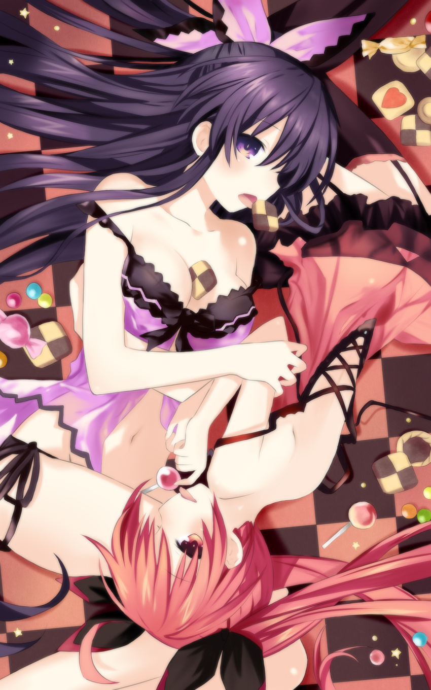 bare_shoulders bow breasts candy cleavage cookie date_a_live derivative_work flankoi_(jiqingjie2008) food hair_ribbon highres itsuka_kotori lollipop long_hair looking_at_viewer multiple_girls open_mouth purple_hair red_eyes redhead ribbon tagme thighhighs twintails violet_eyes yatogami_tooka