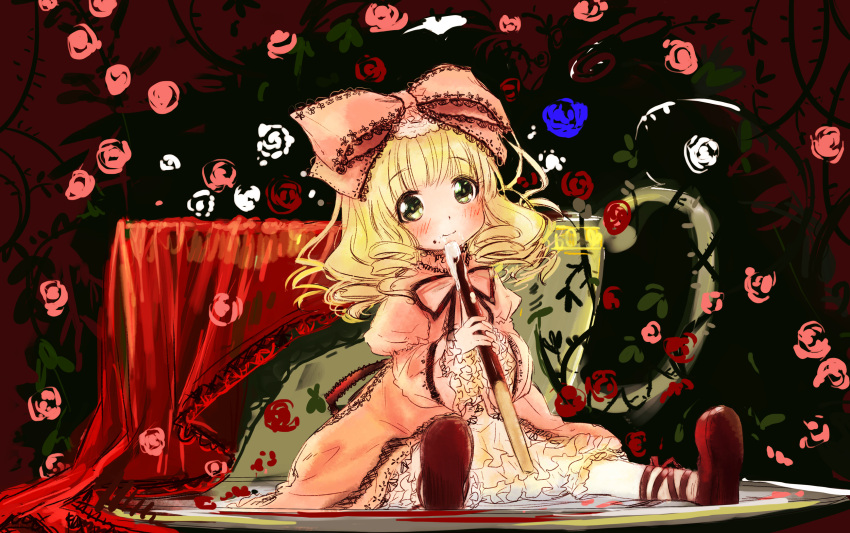 abe_kanari blonde_hair blush bow curly_hair dress flower frills gothic_lolita green_eyes hair_ribbon highres hina_ichigo lolita_fashion pocky ribbon rose rozen_maiden saliva sitting smile solo