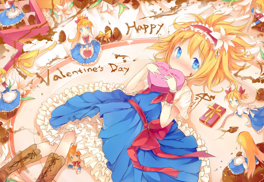 ai_ai_gasa alice_margatroid alternate_hairstyle apron blonde_hair blue_dress blue_eyes boots bow box capelet chocolate colored_eyelashes cross-laced_footwear curly_hair doll dress embarrassed english flower fred04142 frilled_skirt gift gift_box hair_bow hair_flower hair_ornament hairband happy_valentine heart highres holding long_hair looking_at_viewer lying mattress on_back open_mouth ponytail red_ribbon ribbon sash shanghai_doll short_hair shy sitting solo sword touhou turning twintails valentine waist_apron weapon wrist_cuffs yellow_ribbon