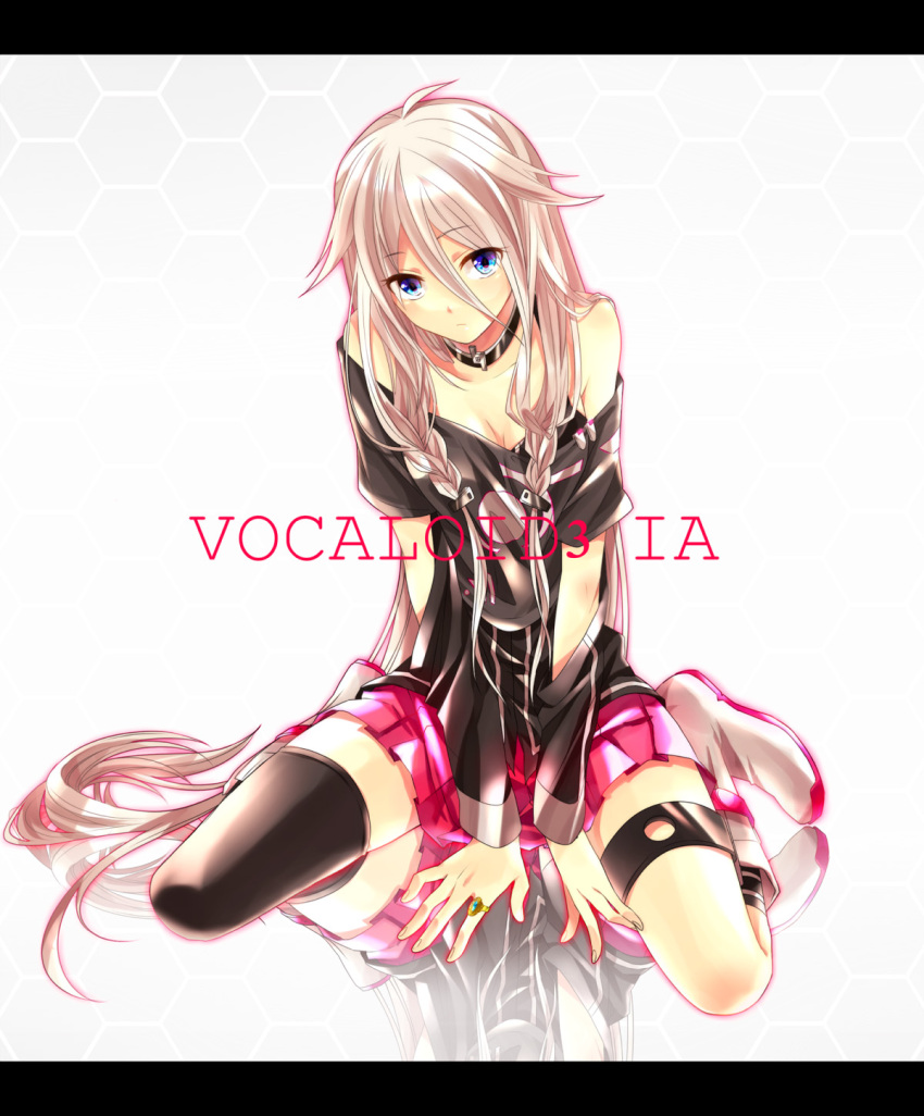 bare_shoulders between_legs between_thighs blue_eyes boots braid character_name choker hand_between_legs highres ia_(vocaloid) letterboxed long_hair looking_at_viewer mismatched_legwear off_shoulder outline pink_hair reflection simple_background single_thighhigh sitting skirt solo thigh-highs thigh_strap thighhighs twin_braids very_long_hair vocaloid washi_(micino) white_background